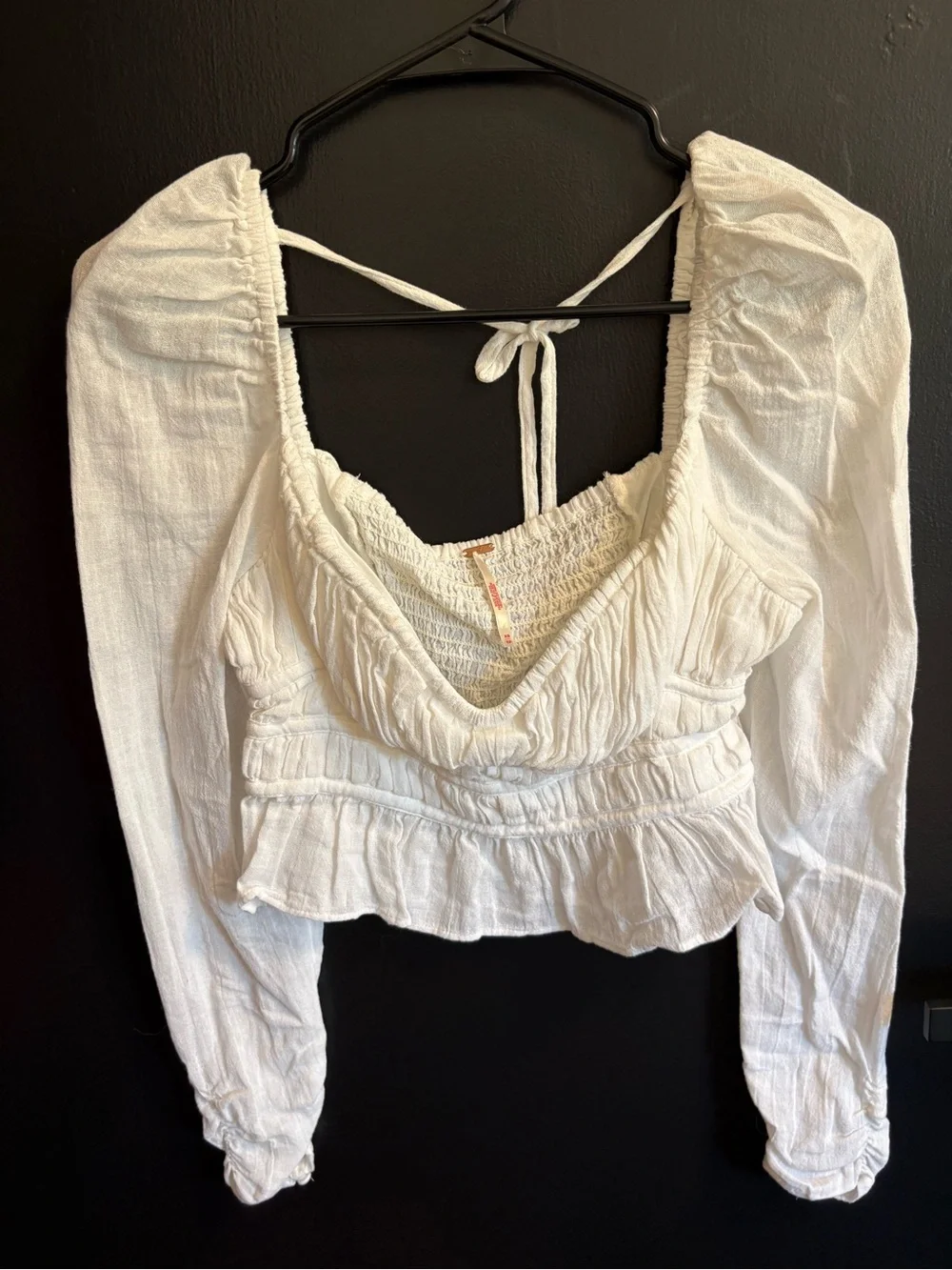 Free People White Cottagecore Smocked Long Sleeve Chloe Crop Top